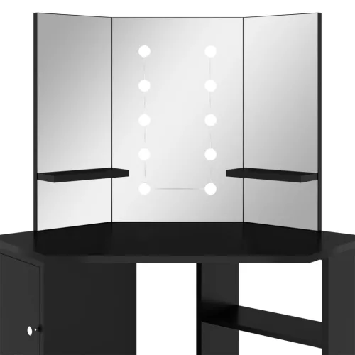 Fekete sarok fésülködőasztal LED világítással 111x54x141,5 cm
