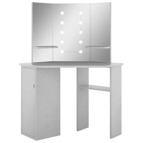 Betonszürke sarok-fésülködőasztal LED-del 111x54x141,5 cm