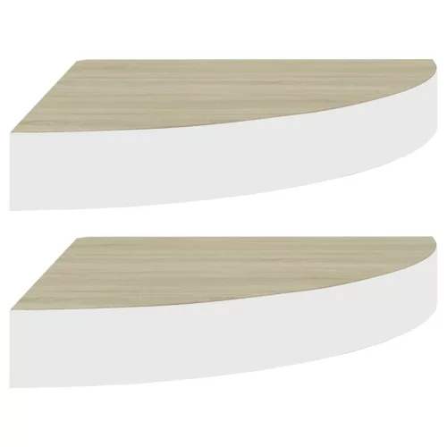 2 db tölgyszínű és fehér MDF fali sarokpolc 35 x 35 x 3,8 cm