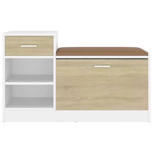 Fehér és sonoma tölgy szerelt fa cipőtároló pad 94,5x31x57 cm