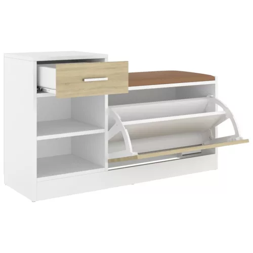 Fehér és sonoma tölgy szerelt fa cipőtároló pad 94,5x31x57 cm