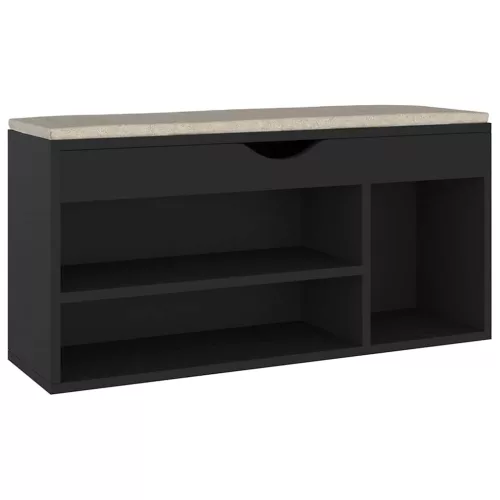 Fekete szerelt fa cipőtároló pad párnával 104 x 30 x 49 cm