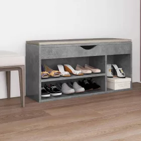   Betonszürke szerelt fa cipőtároló pad párnával 104 x 30 x 49 cm