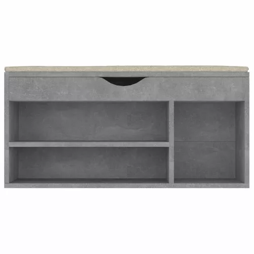 Betonszürke szerelt fa cipőtároló pad párnával 104 x 30 x 49 cm