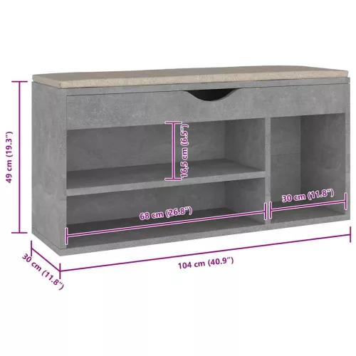 Betonszürke szerelt fa cipőtároló pad párnával 104 x 30 x 49 cm
