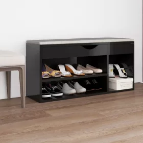   Magasfényű fekete cipőtároló pad párnával 104 x 30 x 49 cm