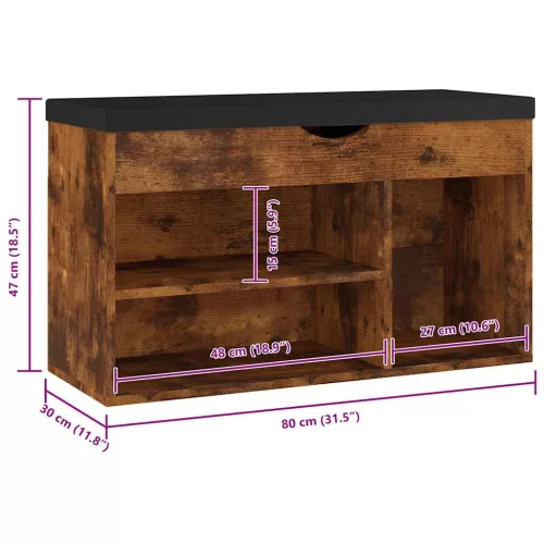 Füstös tölgy szerelt fa cipőtároló pad párnával 80 x 30 x 47 cm