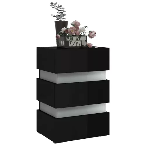 Magasfényű fekete szerelt fa LED-es éjjeliszekrény 45x35x67 cm