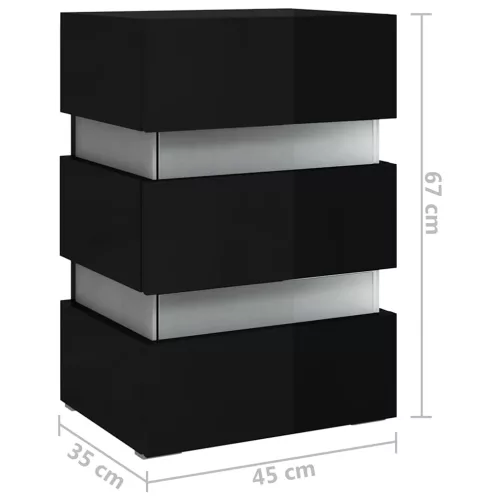 Magasfényű fekete szerelt fa LED-es éjjeliszekrény 45x35x67 cm
