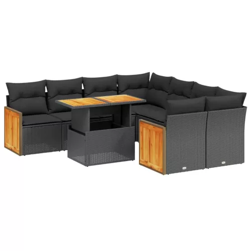 9 részes fekete polyrattan kerti ülőgarnitúra párnákkal