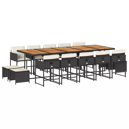 15 részes fekete polyrattan kerti étkezőgarnitúra párnákkal