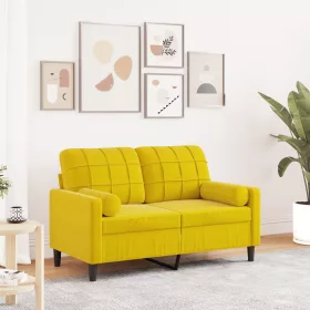 2 személyes sárga bársony kanapé díszpárnákkal 120 cm