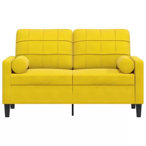 2 személyes sárga bársony kanapé díszpárnákkal 120 cm