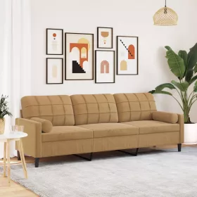 3 személyes barna bársony kanapé díszpárnákkal 210 cm