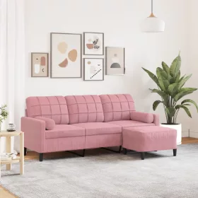   3 személyes rózsaszín bársonykanapé lábtartóval 180 cm