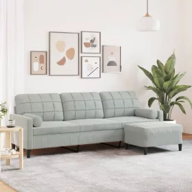  3 személyes világosszürke bársony kanapé lábtartóval 210 cm