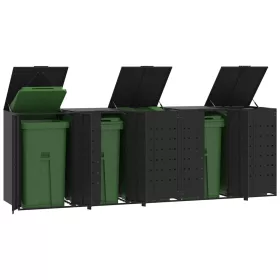   Fekete acél kerekes tároló 5 szemeteskukához 345 x 79 x 117 cm