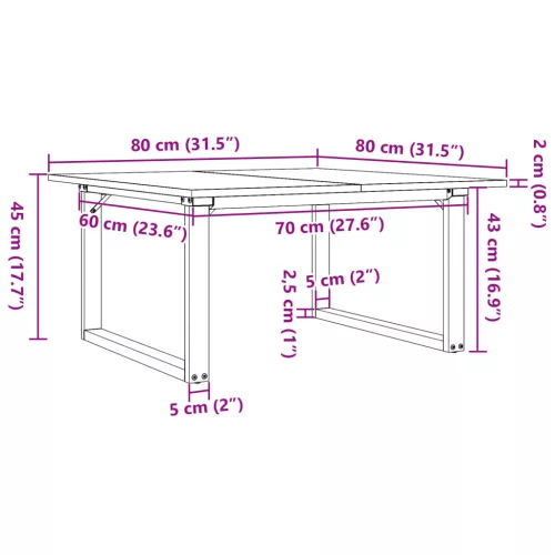 Tömör fenyőfa és acél dohányzóasztal O-vázzal 80x80x45 cm