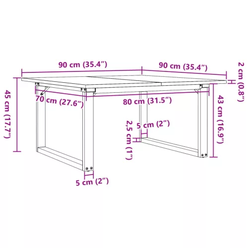 Tömör fenyőfa és acél dohányzóasztal O-vázzal 90x90x45 cm