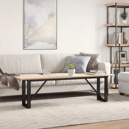 Tömör fenyőfa és acél dohányzóasztal O-vázzal 160x40x45 cm