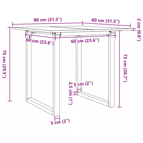Tömör fenyőfa és acél étkezőasztal O-vázzal 80x80x75 cm