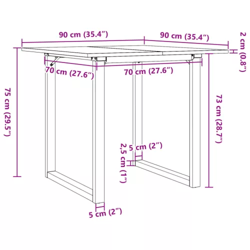 Tömör fenyőfa és acél étkezőasztal O-vázzal 90x90x75 cm
