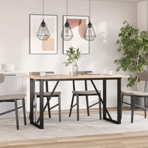 Tömör fenyőfa és acél étkezőasztal O-vázzal 140x80x75 cm