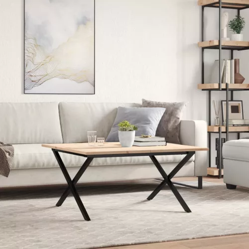 Tömör fenyőfa és acél dohányzóasztal X-vázzal 80x80x45 cm