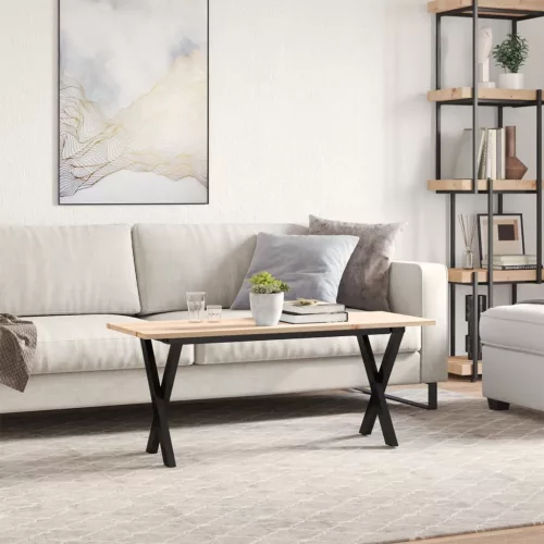 Tömör fenyőfa és acél dohányzóasztal X-vázzal 110x40x45 cm