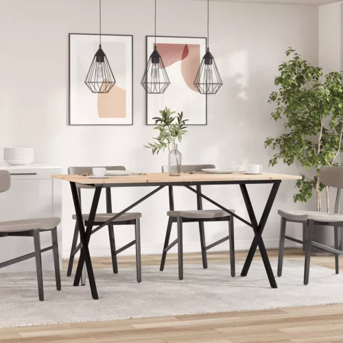 Tömör fenyőfa és acél étkezőasztal X-vázzal 140x80x75 cm