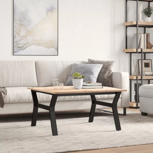 Tömör fenyőfa és acél dohányzóasztal Y-vázzal 90x90x45 cm