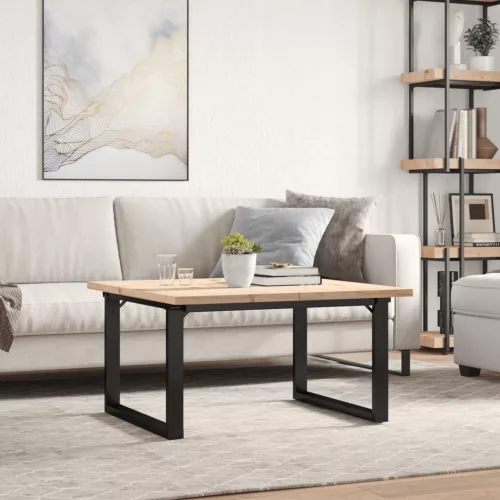 Tömör fenyőfa és acél O-vázú dohányzóasztal 80x80x45,5 cm