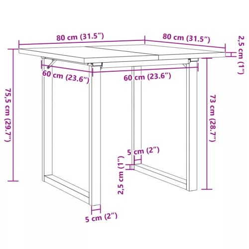 Tömör fenyőfa és acél étkezőasztal O-vázzal 80x80x75,5 cm