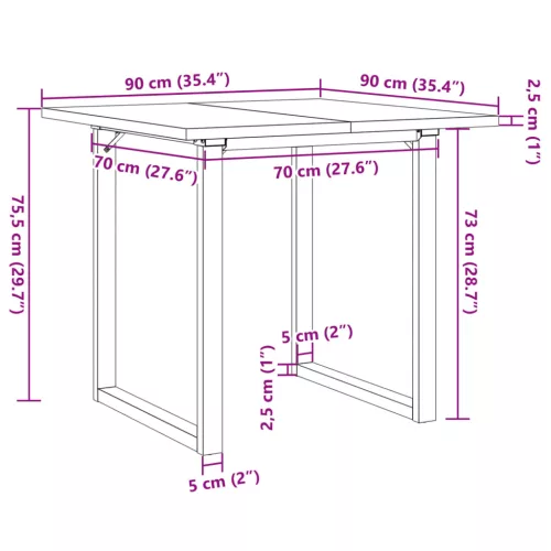 Tömör fenyőfa és acél étkezőasztal O-vázzal 90x90x75,5 cm