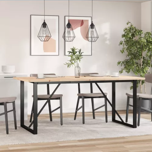 Tömör fenyőfa és acél étkezőasztal O-vázzal 180x90x75,5 cm