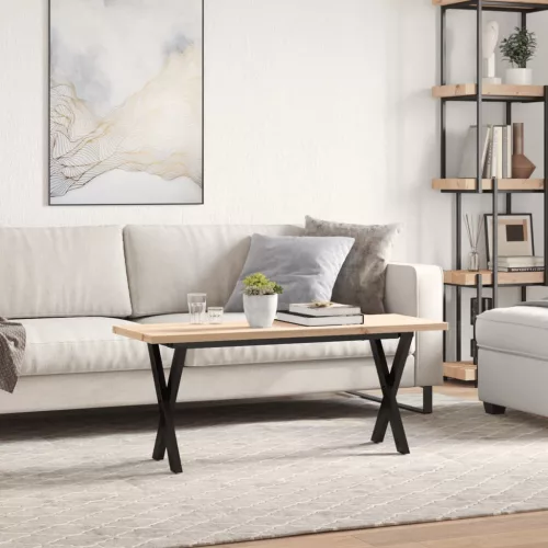 Tömör fenyőfa és acél X-vázú dohányzóasztal 110x40x45,5 cm