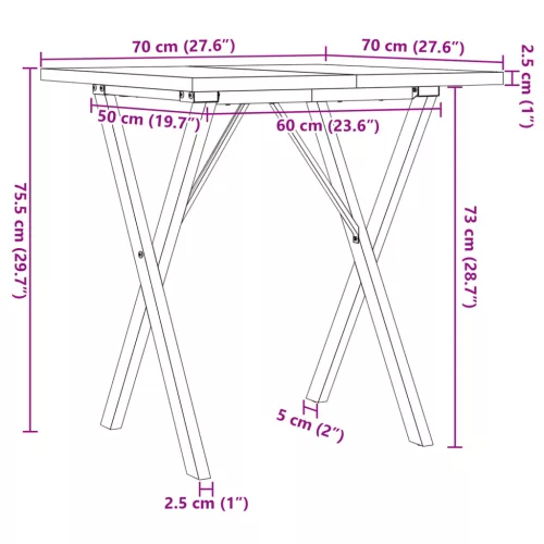 Tömör fenyőfa és acél étkezőasztal X-vázzal 70x70x75,5 cm