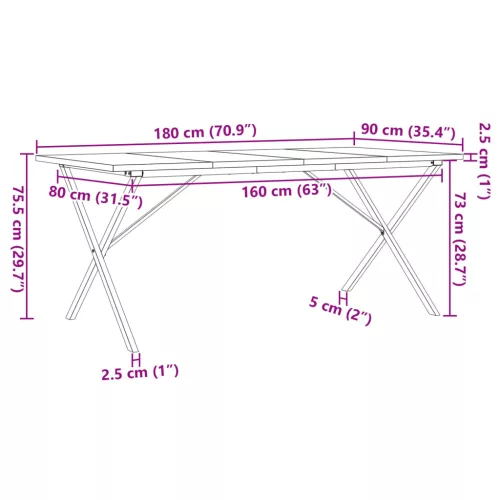 Tömör fenyőfa és acél étkezőasztal X-vázzal 180x90x75,5 cm