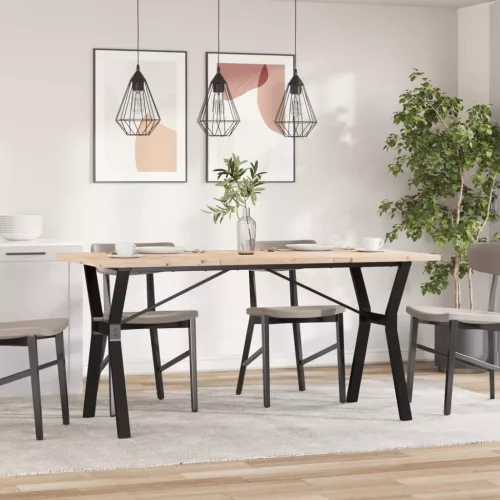 Tömör fenyőfa és acél étkezőasztal Y-vázzal 140x80x75,5 cm