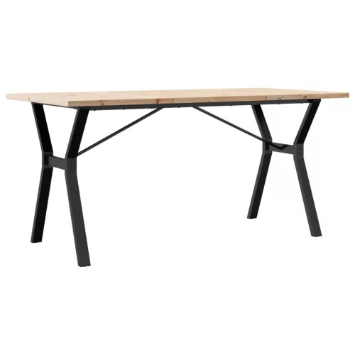 Tömör fenyőfa és acél étkezőasztal Y-vázzal 140x80x75,5 cm