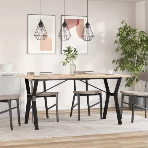 Tömör fenyőfa és acél étkezőasztal Y-vázzal 160x80x75,5 cm