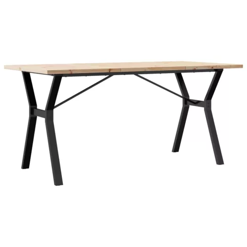Tömör fenyőfa és acél étkezőasztal Y-vázzal 160x80x75,5 cm