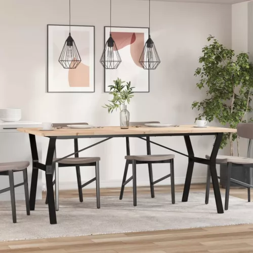 Tömör fenyőfa és acél étkezőasztal Y-vázzal 180x90x75,5 cm
