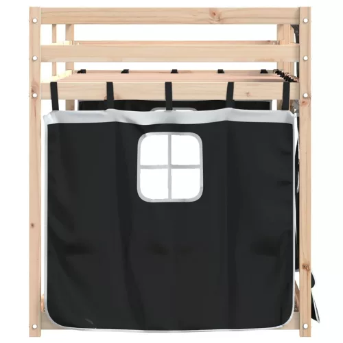 Fehér/fekete tömör fenyőfa emeletes ágy függönyökkel 80x200 cm