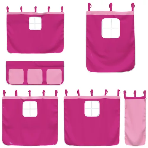 Rózsaszín tömör fenyőfa emeletes ágy függönyökkel 75 x 190 cm