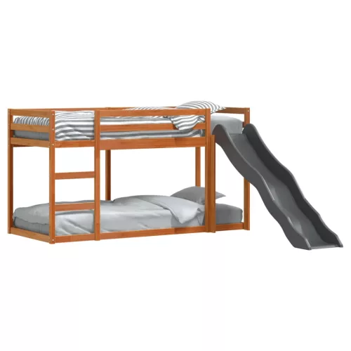 Barna tömör fenyő emeletes ágy csúszdával és létrával 75x190 cm