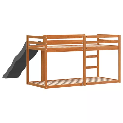 Barna tömör fenyő emeletes ágy csúszdával és létrával 75x190 cm