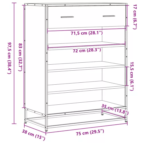 Szürke sonoma szerelt fa és fém cipőszekrény 75 x 38 x 97,5 cm