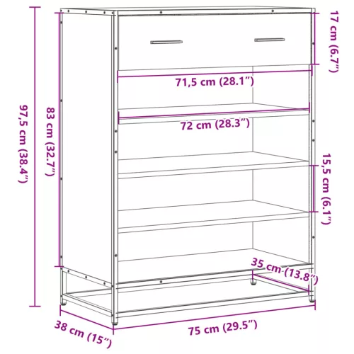 Barna tölgy színű szerelt fa és fém cipőszekrény 75x38x97,5 cm