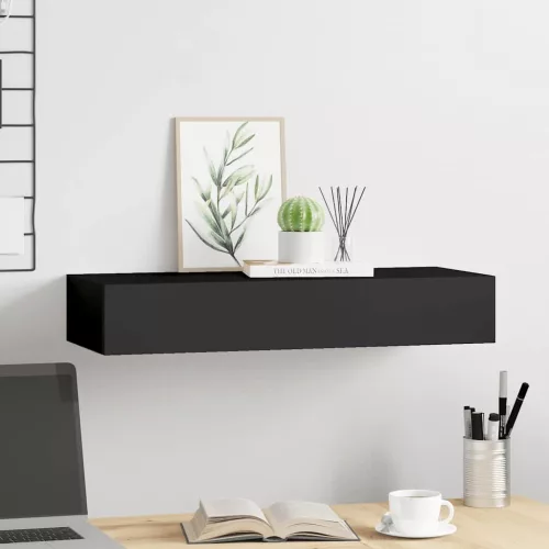 Fekete MDF falra szerelhető fiókos polc 60 x 23,5 x 10 cm